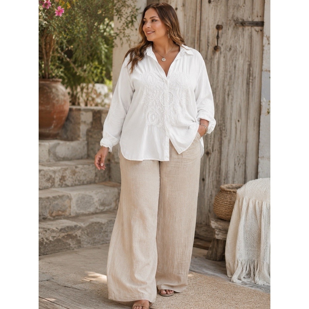 INC International Concepts 2X White Embroidered Cotton Boho Button Shirt GG15